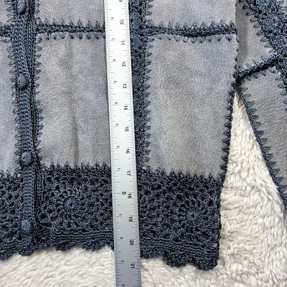 Vintage Overland Jacket Womens 10 Dusty Blue Leather Crochet Patchwork Crop Boho - Picture 6 of 8